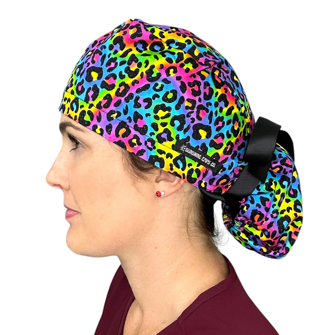 Rainbow Leopard- Ponytail Scrub Cap