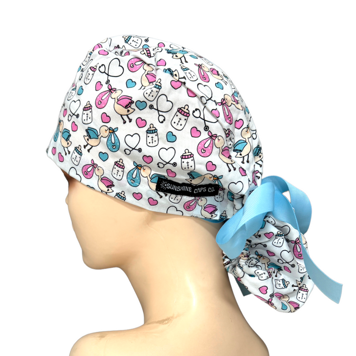 Special Delivery labor and delivery Ponytail Scrub Cap for Women, By Sunshine Caps Co.