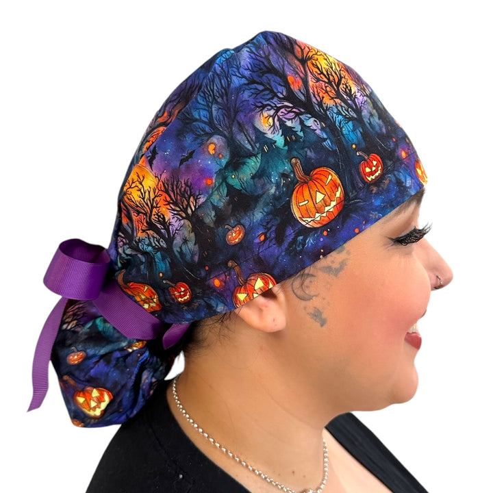 Haunted Woods Halloween Ponytail Scrub Cap for Women, By Sunshine Caps Co.