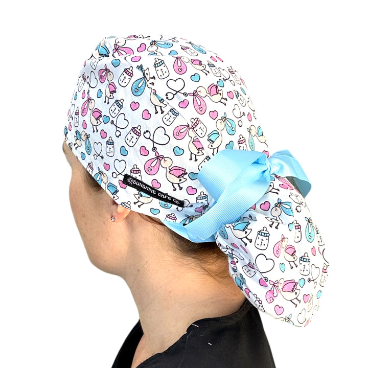 Special Delivery labor and delivery Ponytail Scrub Cap for Women, By Sunshine Caps Co.
