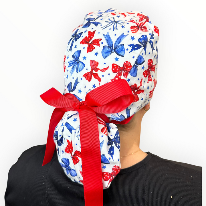 Red, White & Bows- Ponytail Scrub Cap