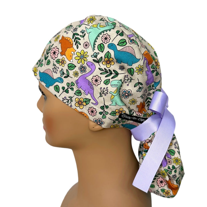 Dinosaur floral Ponytail Scrub Cap for Women, By Sunshine Caps Co.