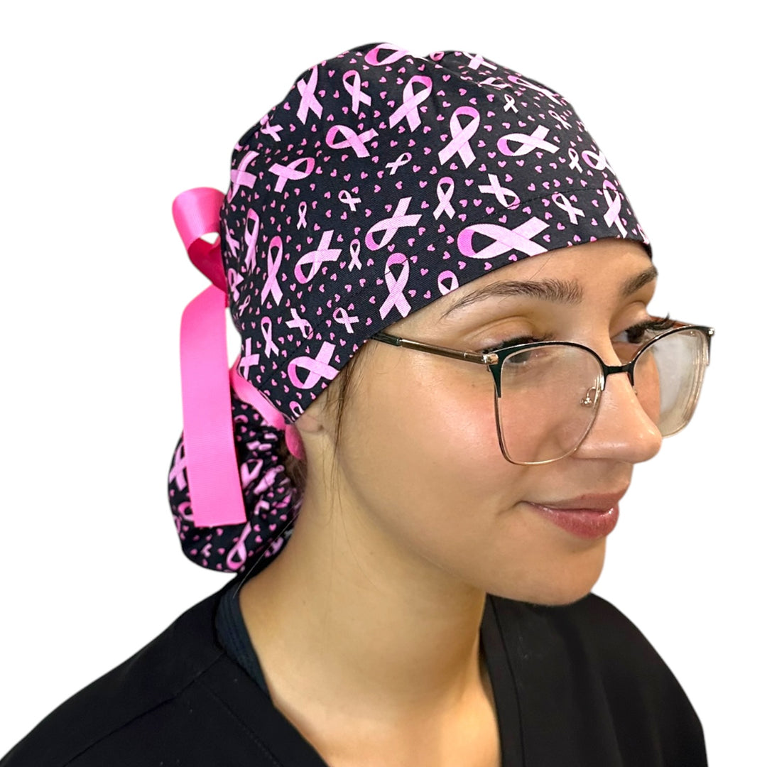 Breast Cancer Pink Ribbon- Ponytail Scrub Cap
