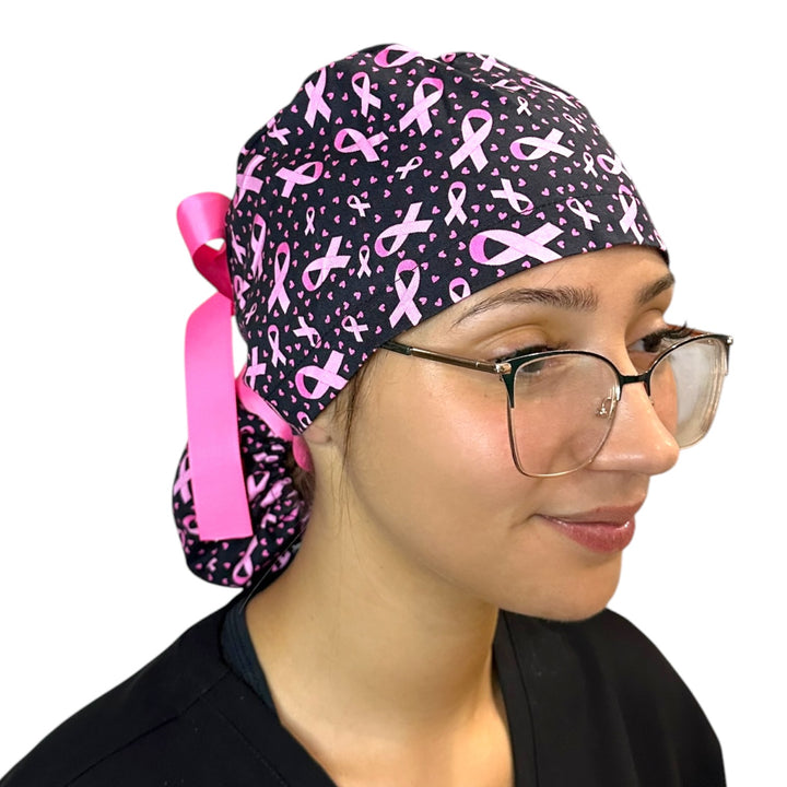 Breast Cancer Pink Ribbon- Ponytail Scrub Cap