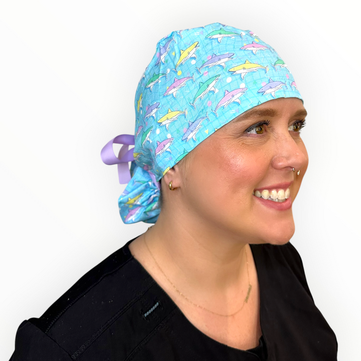 Retro Sharks- Ponytail Scrub Cap