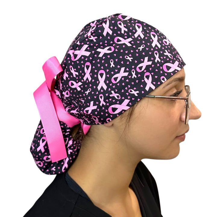 Breast Cancer Pink Ribbon- Ponytail Scrub Cap