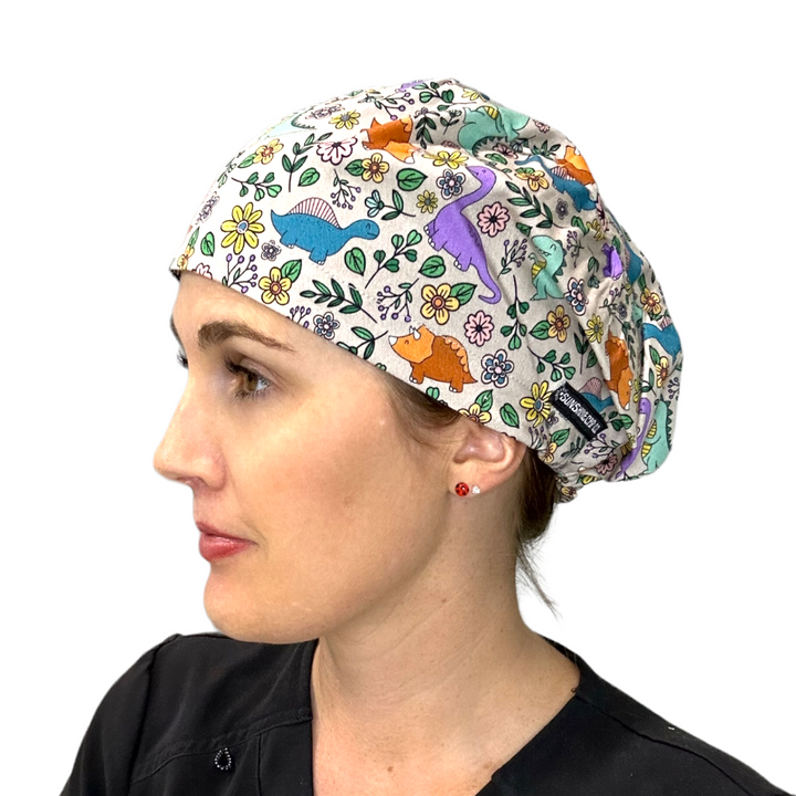Dinosaur Floral Euro Scrub Cap for Women, by Sunshine Caps Co