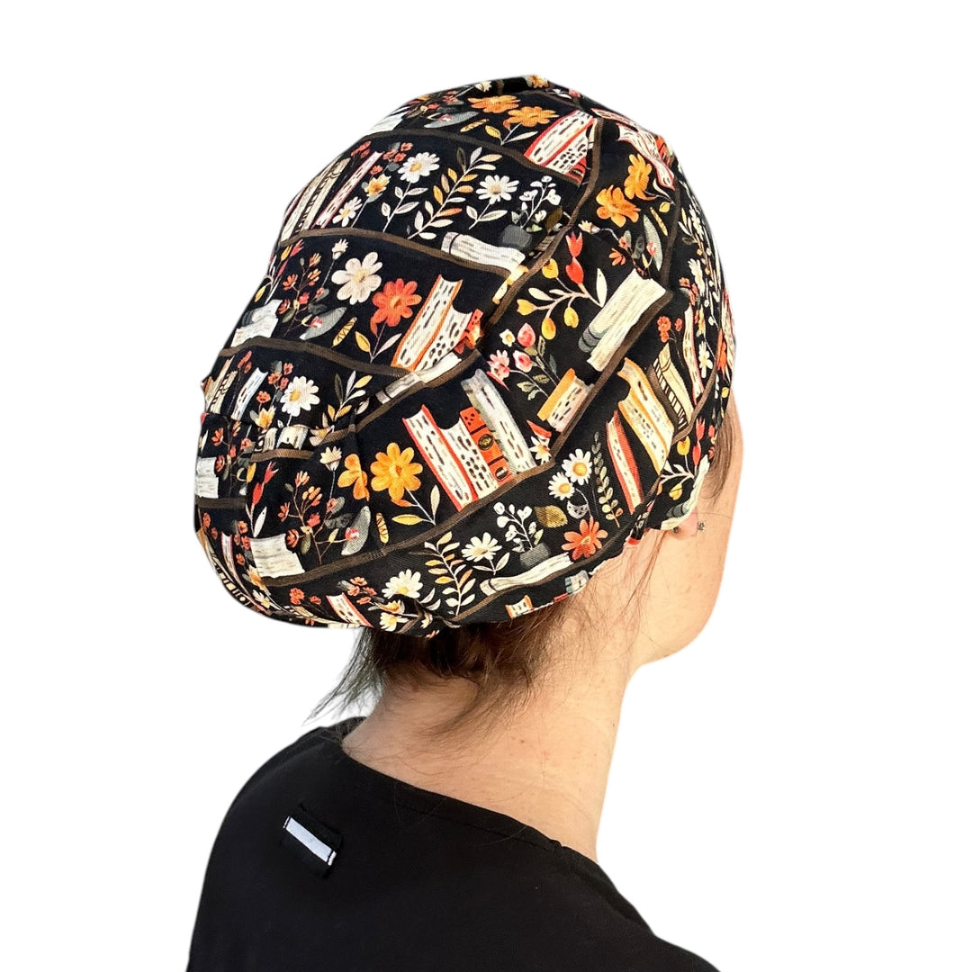 Bookshelf Floral Euro Scrub Cap for Women, by Sunshine Caps Co
