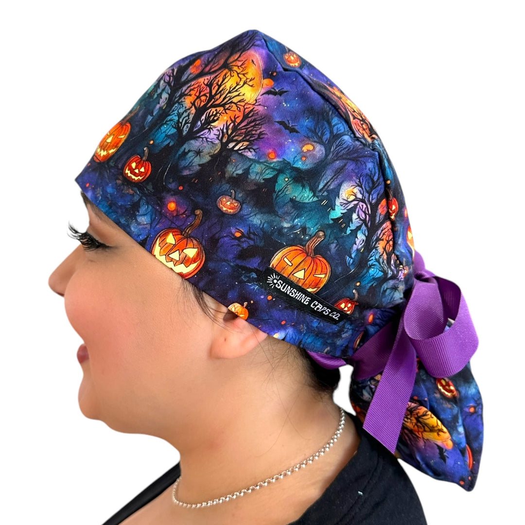 Haunted Woods Halloween Ponytail Scrub Cap for Women, By Sunshine Caps Co.