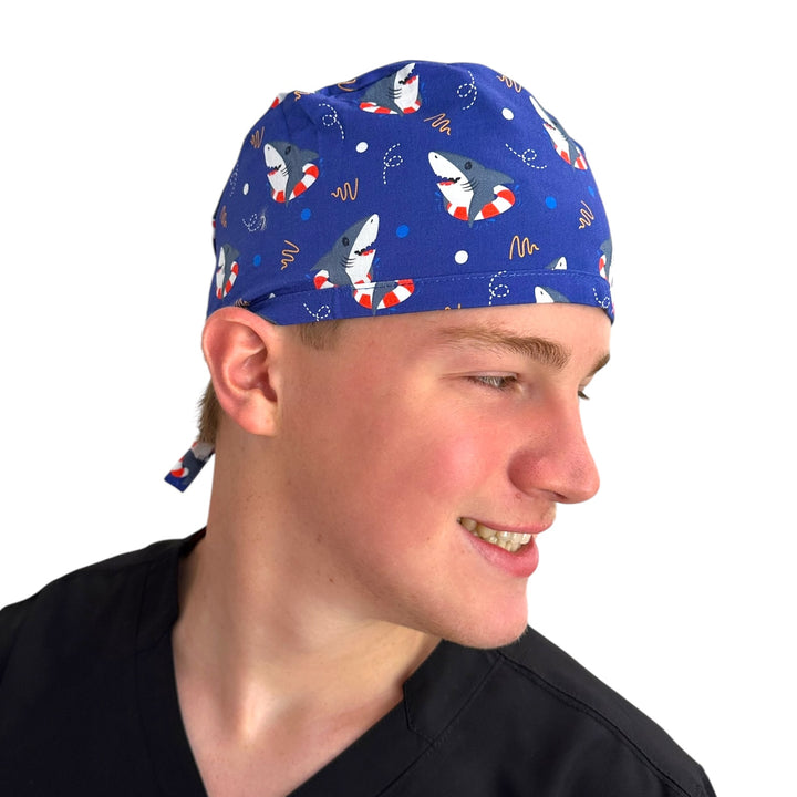 Shark Floaties Blue- Classic/Men's Scrub Cap