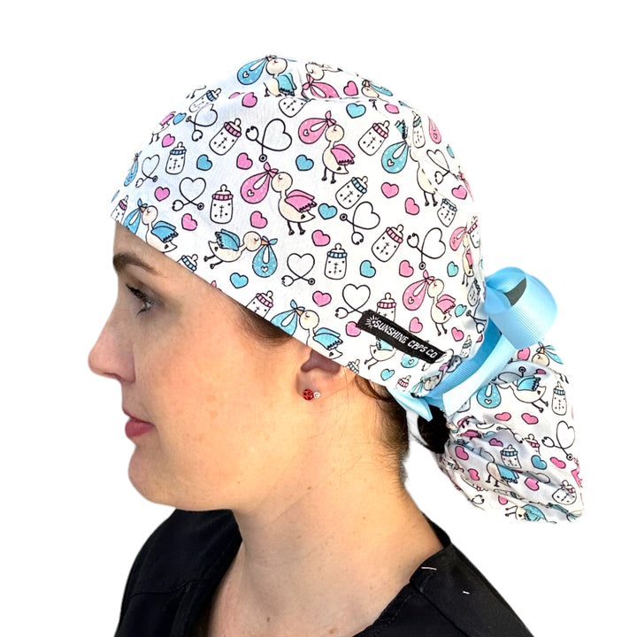 Special Delivery labor and delivery Ponytail Scrub Cap for Women, By Sunshine Caps Co.