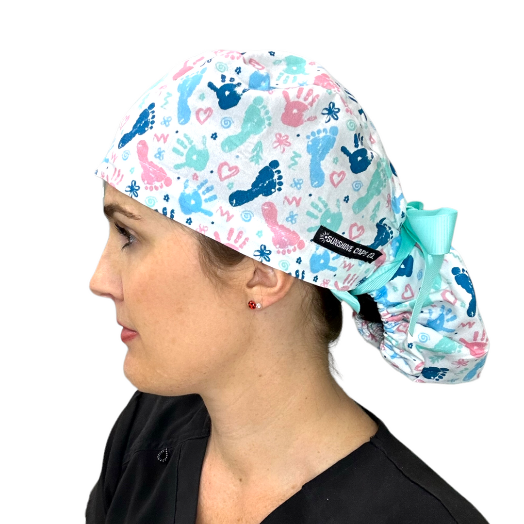 baby prints labor delivery Ponytail Scrub Cap for Women, By Sunshine Caps Co.