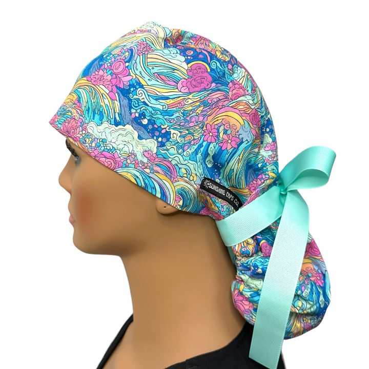 Preppy Waves Ponytail Scrub Cap for Women, By Sunshine Caps Co.