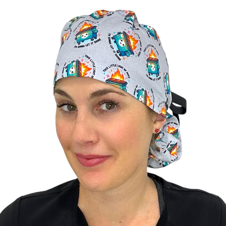 Dumpster Fire Ponytail Scrub Cap for Women, By Sunshine Caps Co.