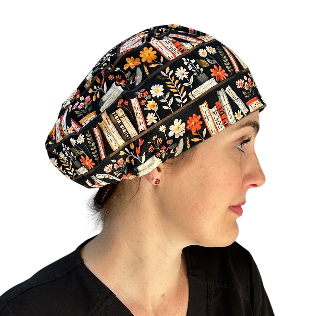 Bookshelf Floral Euro Scrub Cap for Women, by Sunshine Caps Co
