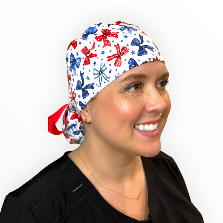 Red, White & Bows- Ponytail Scrub Cap