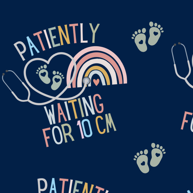 Pattern of 'Patiently Waiting for 10 CM' text with baby footprints and rainbows on a dark blue background.