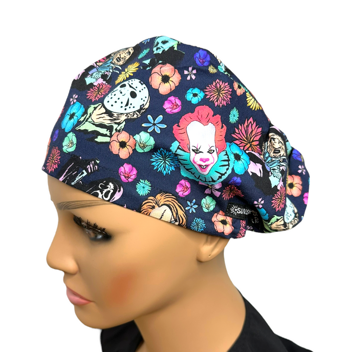 Horror Floral Halloween Euro Scrub Cap for Women, by Sunshine Caps Co