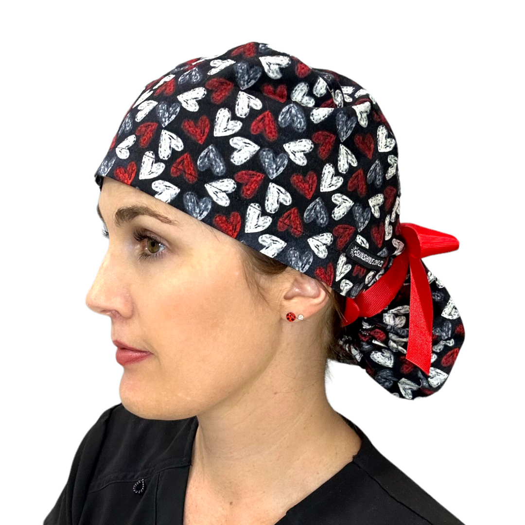 chalk heart valentine Ponytail Scrub Cap for Women, By Sunshine Caps Co.