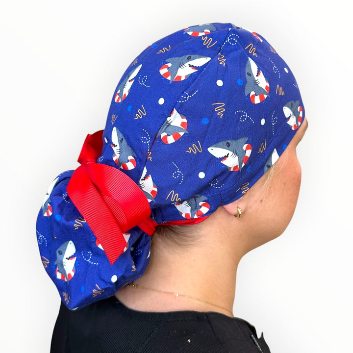 Shark Floaties Blue- Ponytail Scrub Cap