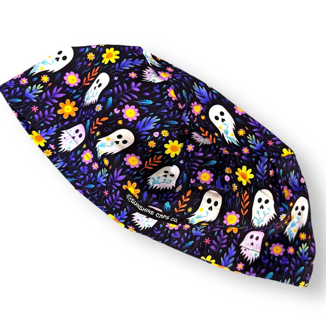 Ghost Floral Halloween Euro Scrub Cap for Women, by Sunshine Caps Co