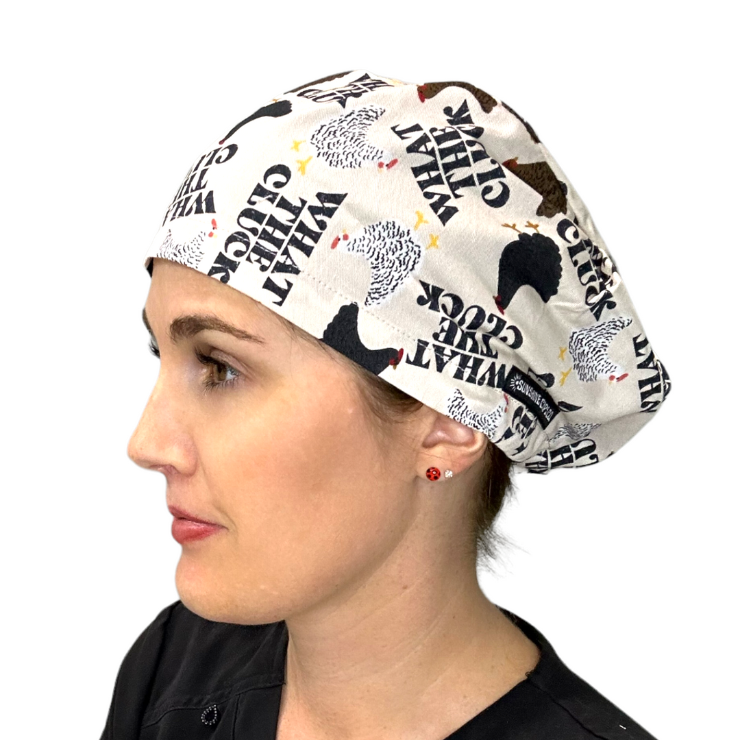 What the Cluck Euro Scrub Cap for Women, by Sunshine Caps Co