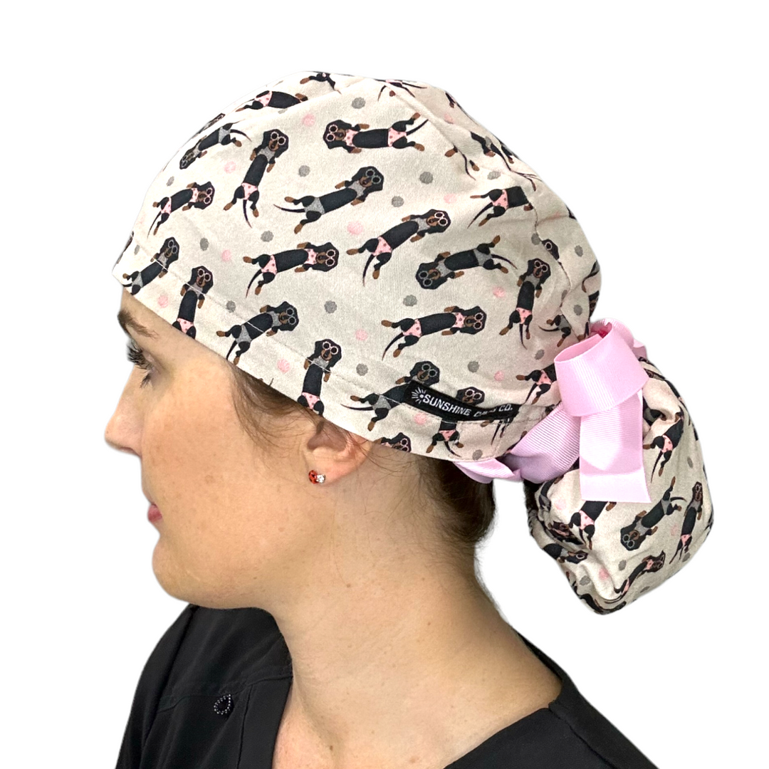 weenies in bikinis dog Ponytail Scrub Cap for Women, By Sunshine Caps Co.