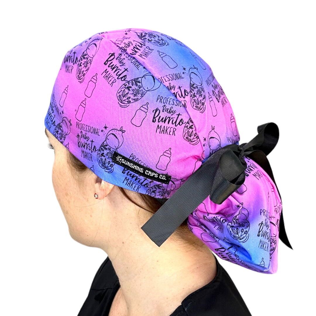Burrito Maker labor and delivery Ponytail Scrub Cap for Women, By Sunshine Caps Co.