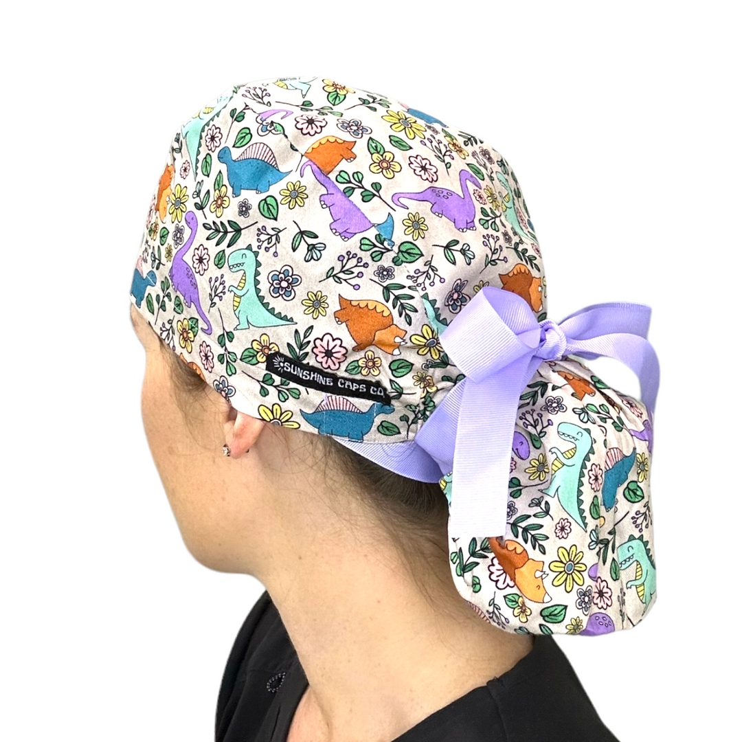 Dinosaur floral Ponytail Scrub Cap for Women, By Sunshine Caps Co.