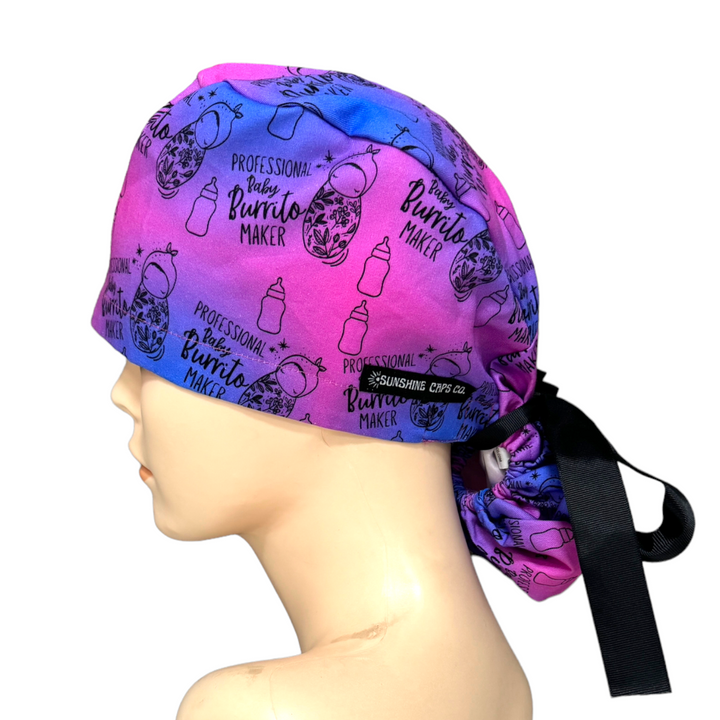 Burrito Maker labor and delivery Ponytail Scrub Cap for Women, By Sunshine Caps Co.