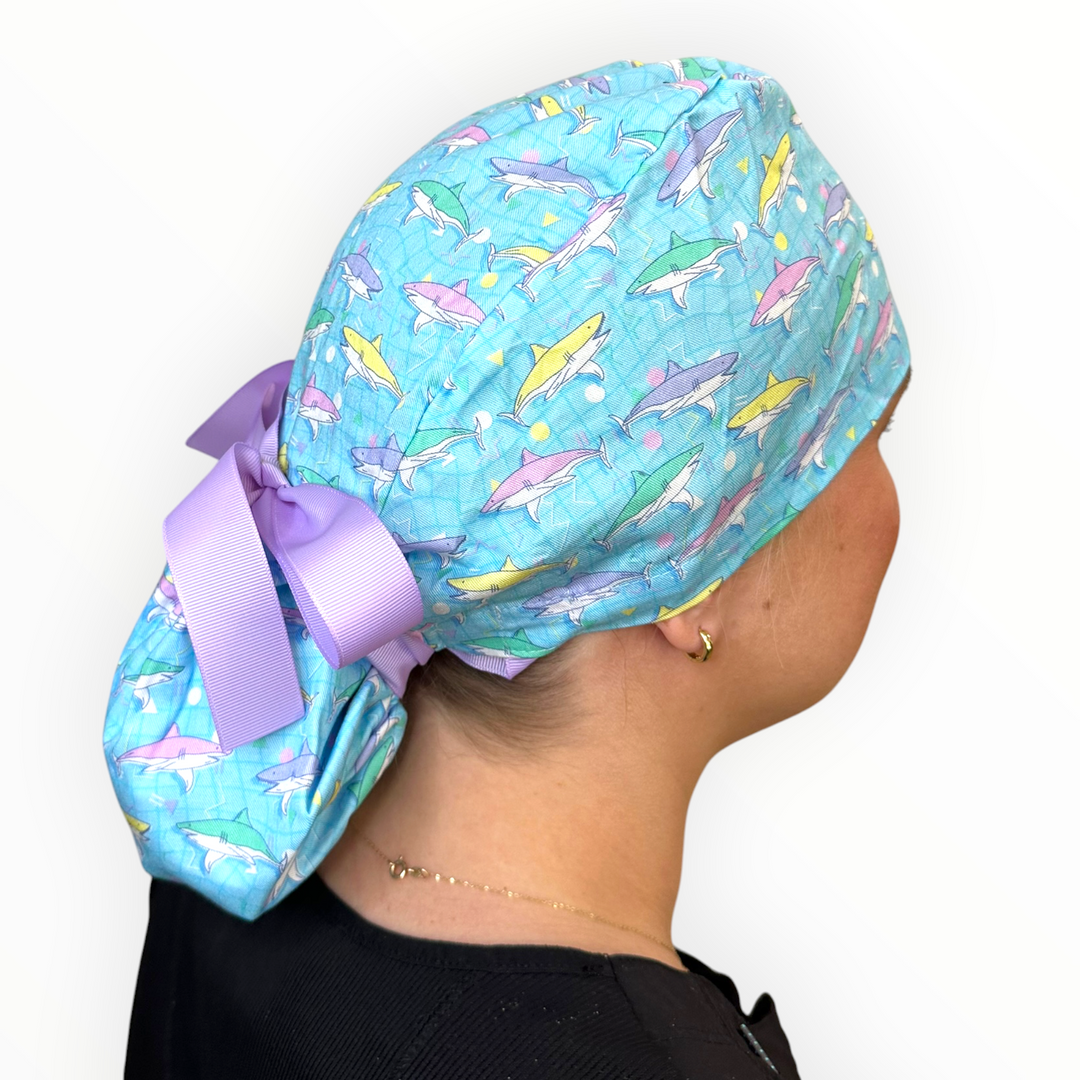 Retro Sharks- Ponytail Scrub Cap