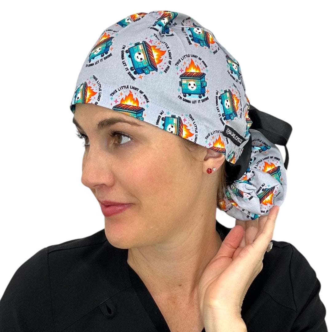 Dumpster Fire Ponytail Scrub Cap for Women, By Sunshine Caps Co.
