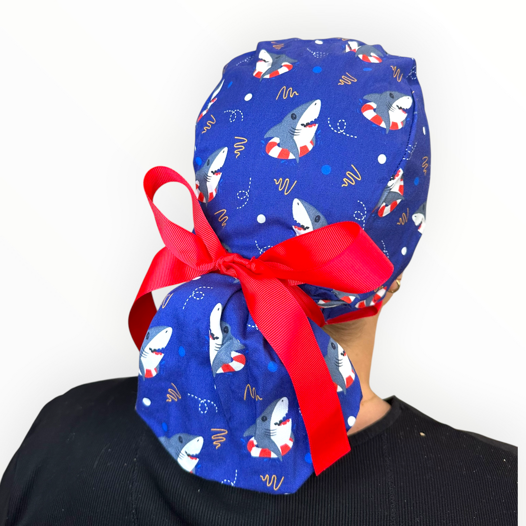 Shark Floaties Blue- Ponytail Scrub Cap