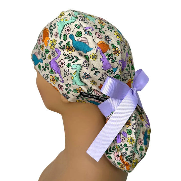 Dinosaur floral Ponytail Scrub Cap for Women, By Sunshine Caps Co.