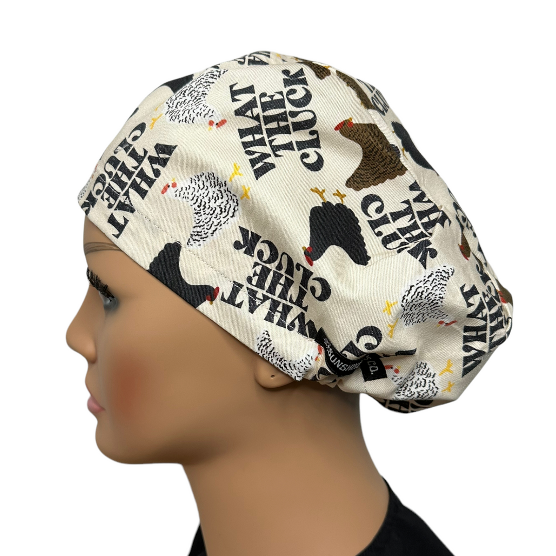 What the Cluck Euro Scrub Cap for Women, by Sunshine Caps Co