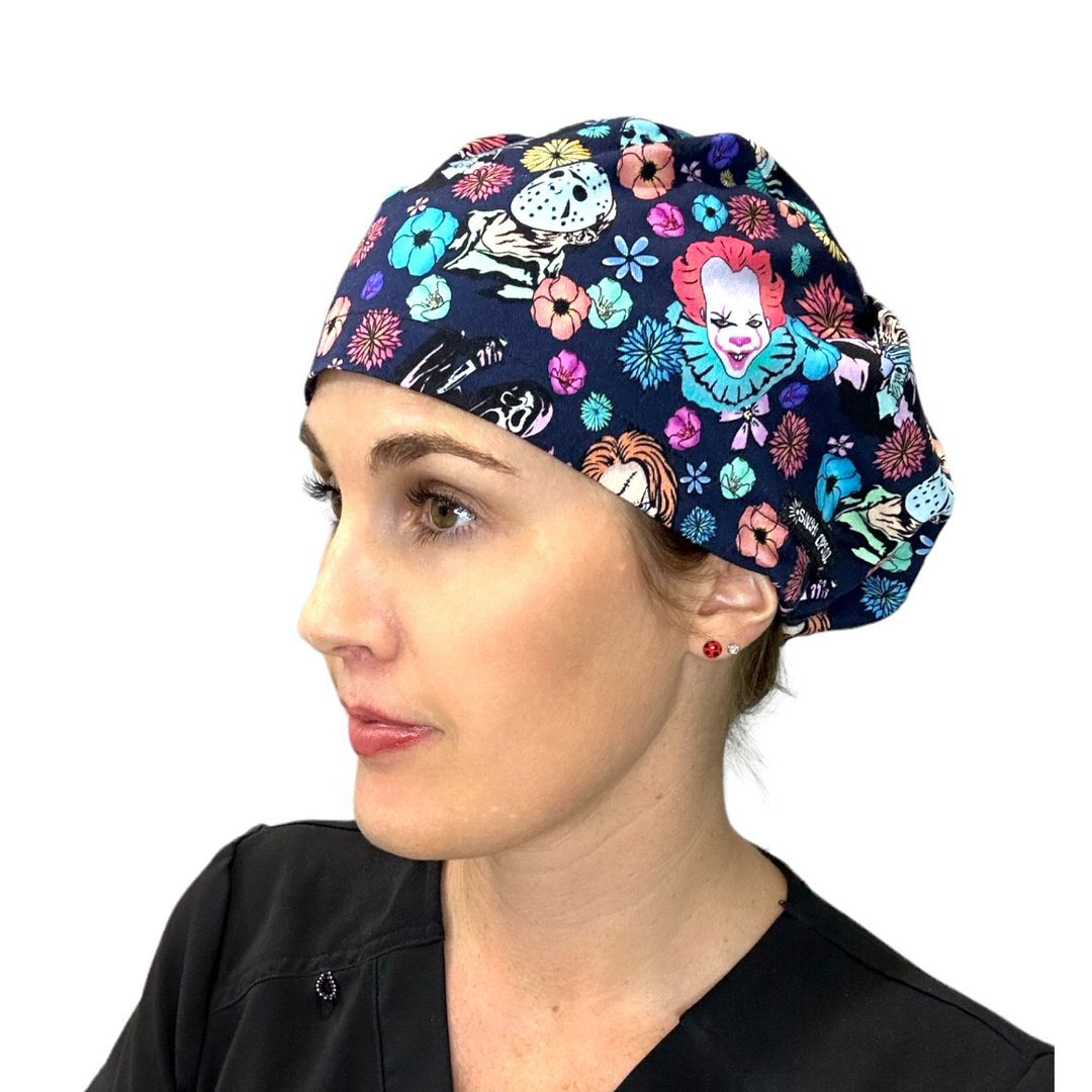 Horror Floral Halloween Euro Scrub Cap for Women, by Sunshine Caps Co