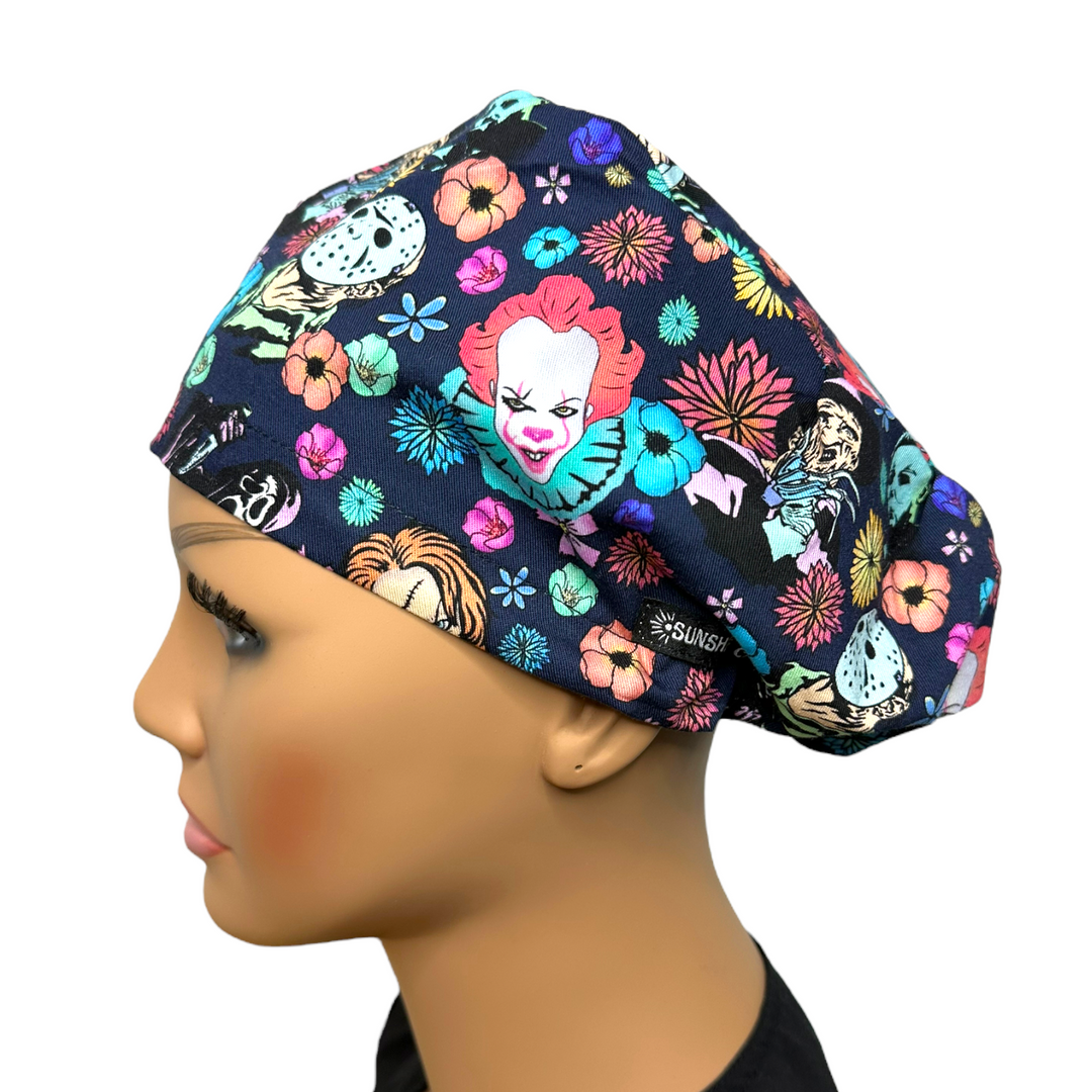 Horror Floral Halloween Euro Scrub Cap for Women, by Sunshine Caps Co