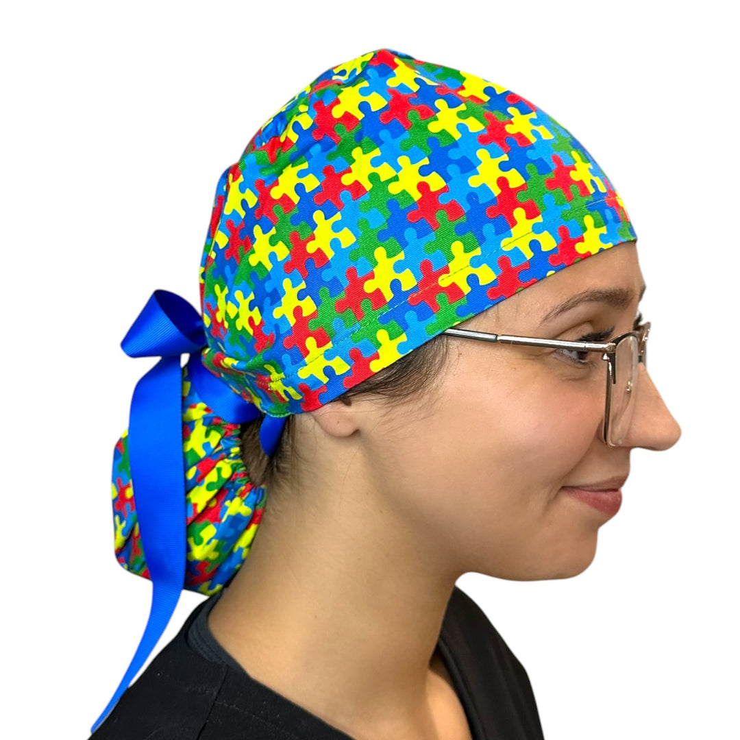 Autism Awareness- Ponytail Scrub Cap