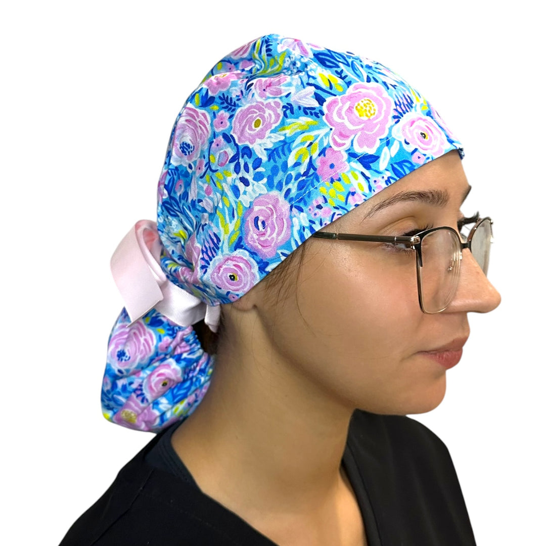 Painted Peonies- Ponytail Scrub Cap