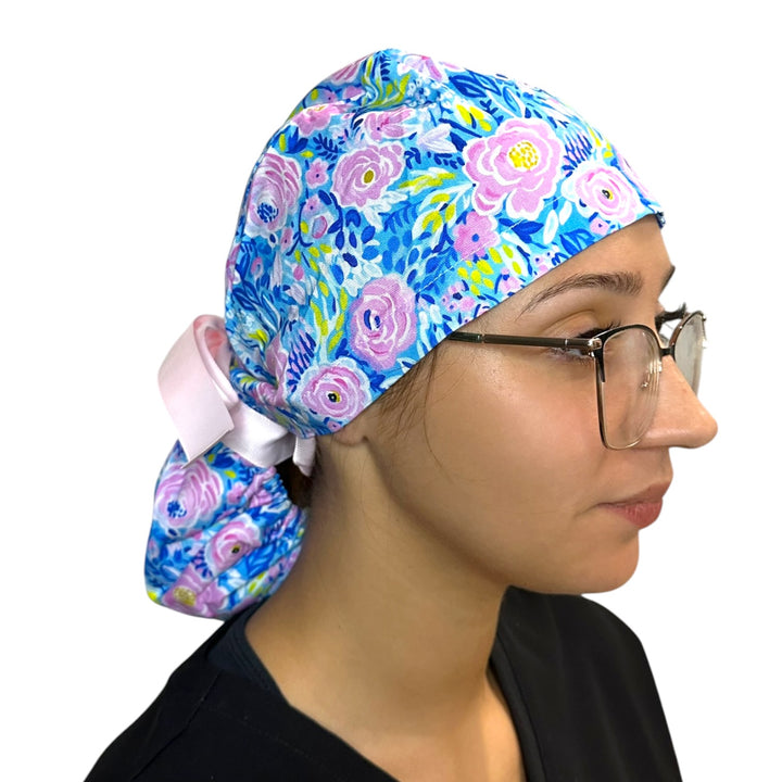 Painted Peonies- Ponytail Scrub Cap