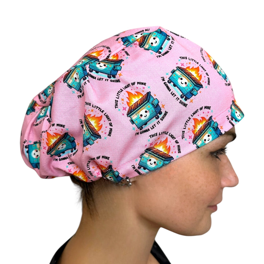 Pink Dumpster Fire 'This Little Light of Mine" Euro Scrub Cap for Women, by Sunshine Caps Co