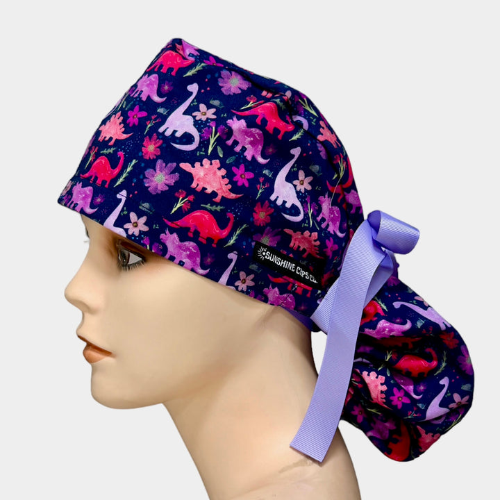 Dinosaur Navy Ponytail Scrub Cap for Women, By Sunshine Caps Co.