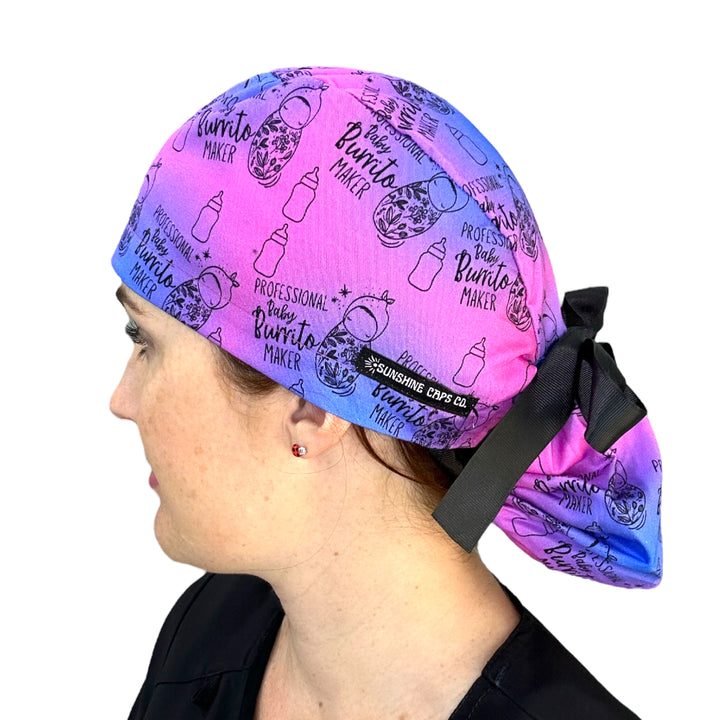 Burrito Maker labor and delivery Ponytail Scrub Cap for Women, By Sunshine Caps Co.