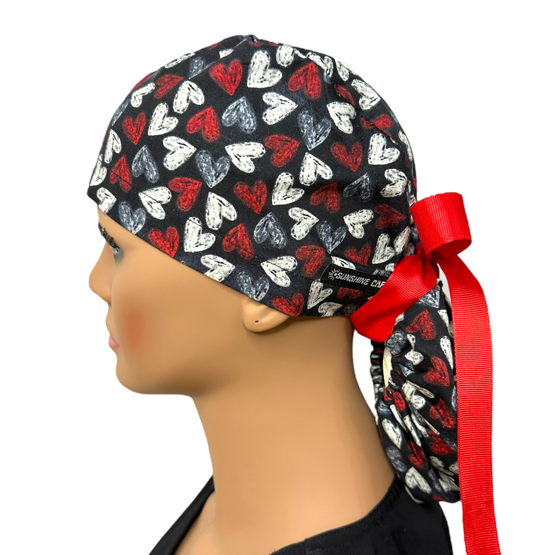 chalk heart valentine Ponytail Scrub Cap for Women, By Sunshine Caps Co.