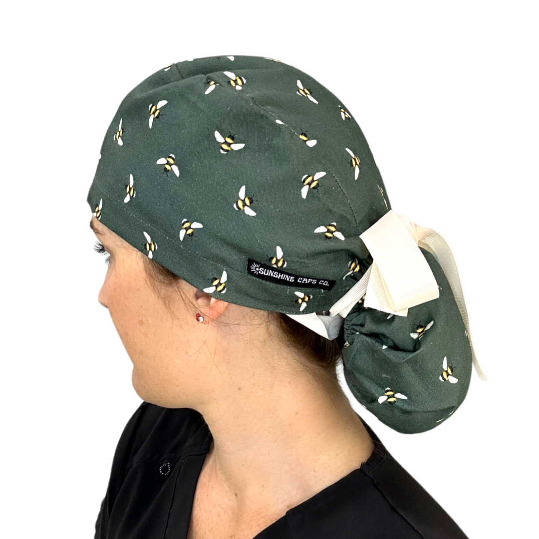 buzzing bees Ponytail Scrub Cap for Women, By Sunshine Caps Co.