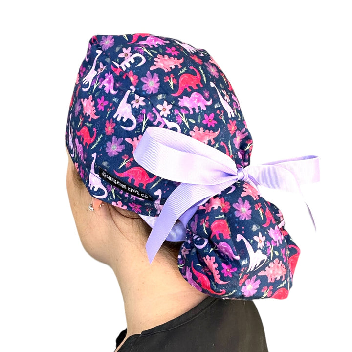 Dinosaur Navy Ponytail Scrub Cap for Women, By Sunshine Caps Co.