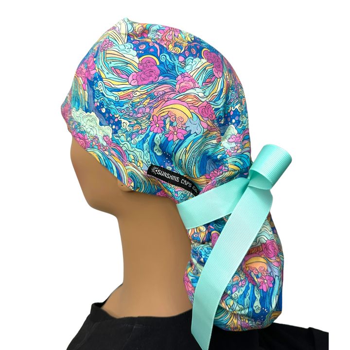 Preppy Waves Ponytail Scrub Cap for Women, By Sunshine Caps Co.
