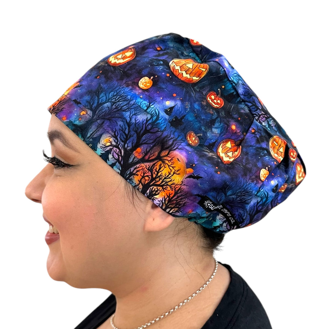 Haunted Woods Halloween Euro Scrub Cap for Women, by Sunshine Caps Co