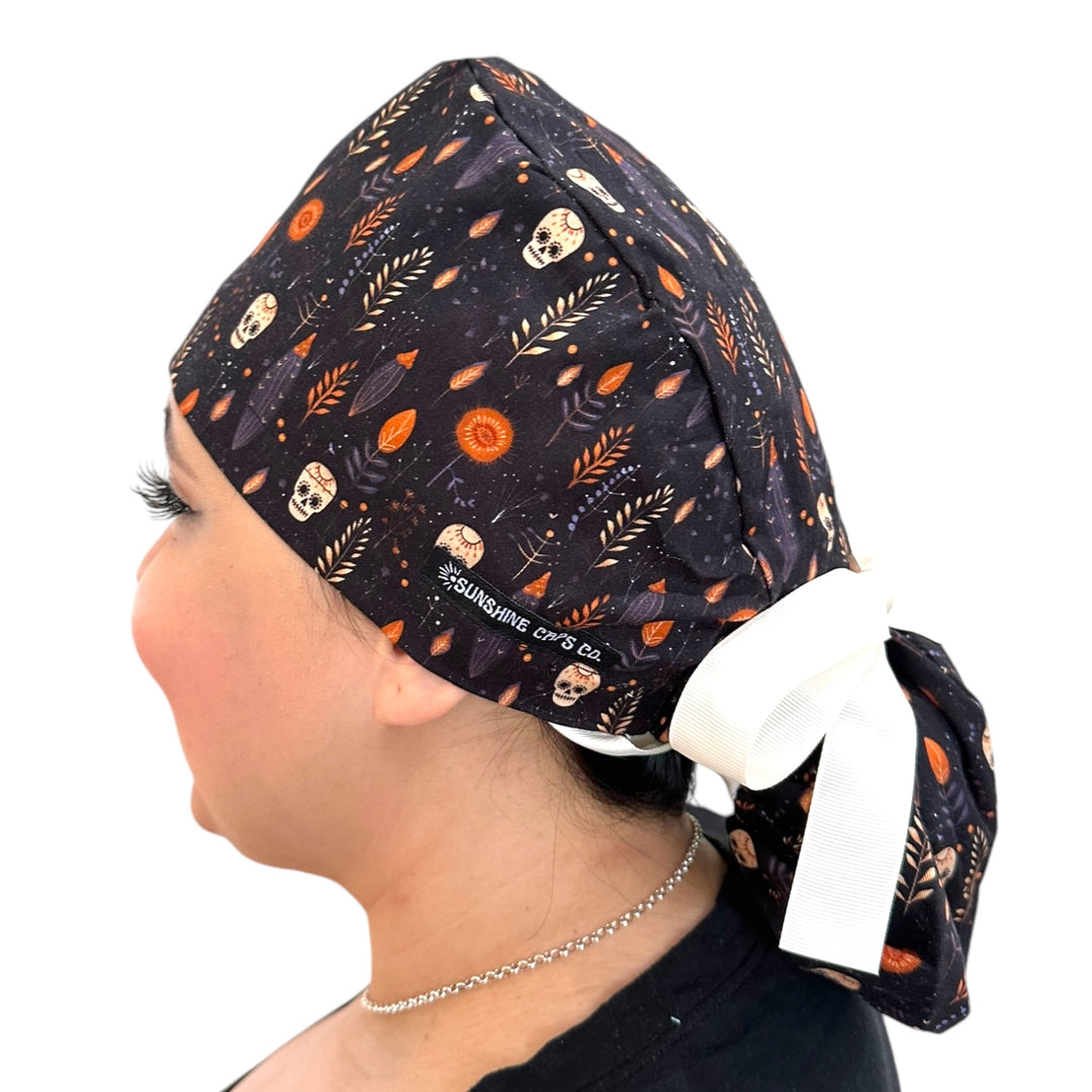 Boho Skulls Halloween Ponytail Scrub Cap for Women, By Sunshine Caps Co.