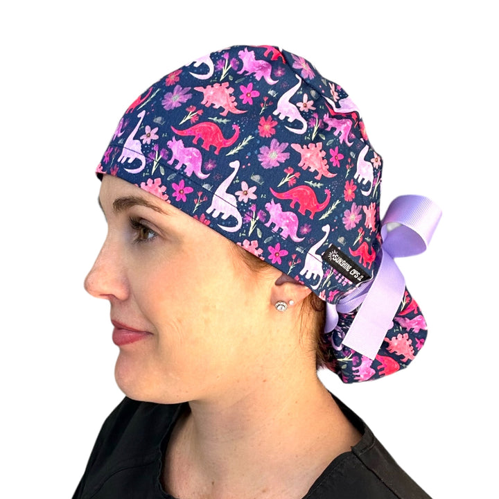 Dinosaur Navy Ponytail Scrub Cap for Women, By Sunshine Caps Co.